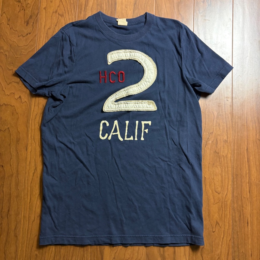 Hollister Mens Large Navy Blue Graphic T-Shirt HCO 2 Calif Applique Faded Tee